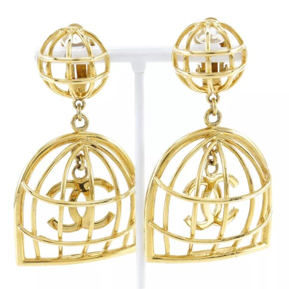 CHANEL Bird cage Earring Plated Gold 31.9g - Picture 1 of 8